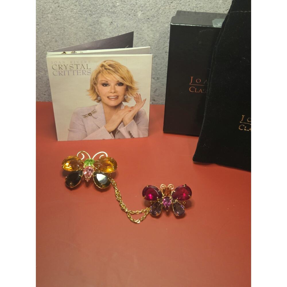 Joan Rivers Crystal Critters Butterfly Brooch Set | Dual Pins w/ Chain | Boxed
